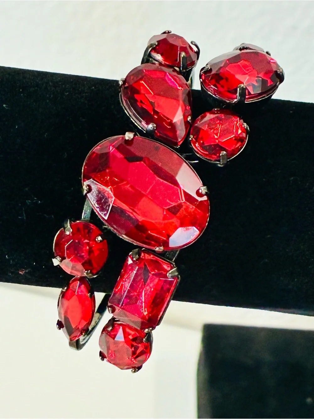 Bold Crimson Red Crystal Statement Cuff Clamper Bracelet - Women's Jewelry